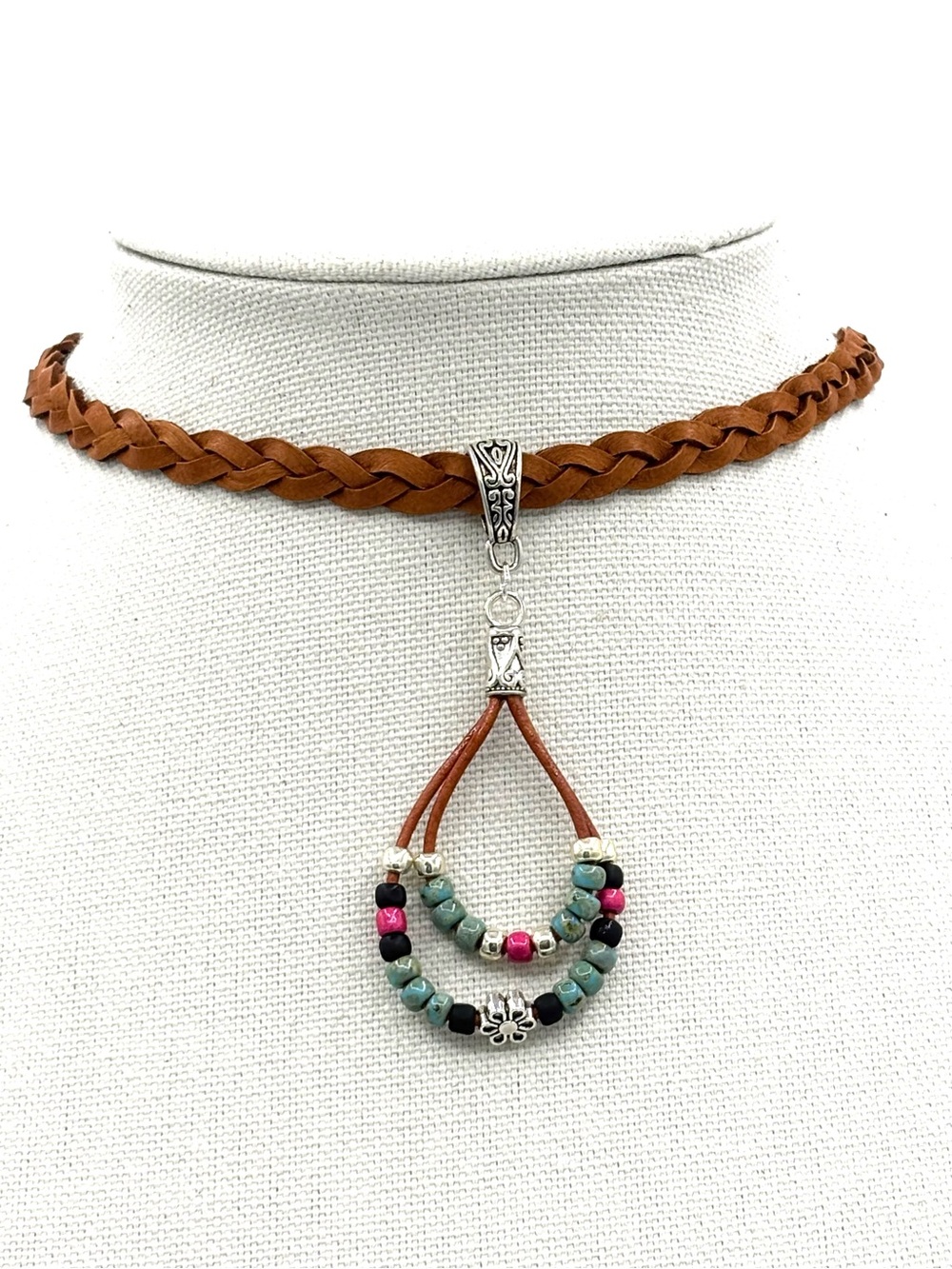 Hand Crafted Braided Brown Leather Choker Necklace Multicolor Beaded Pendant - Picture 3 of 9